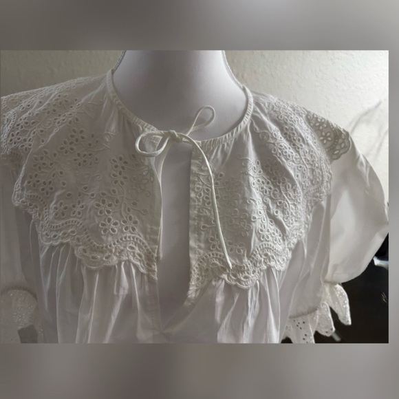 AQUA EYELET PUFF SLEEVE TIE TOP – FLIRTY & FEMININE, SIZE: M - Picture 7 of 10